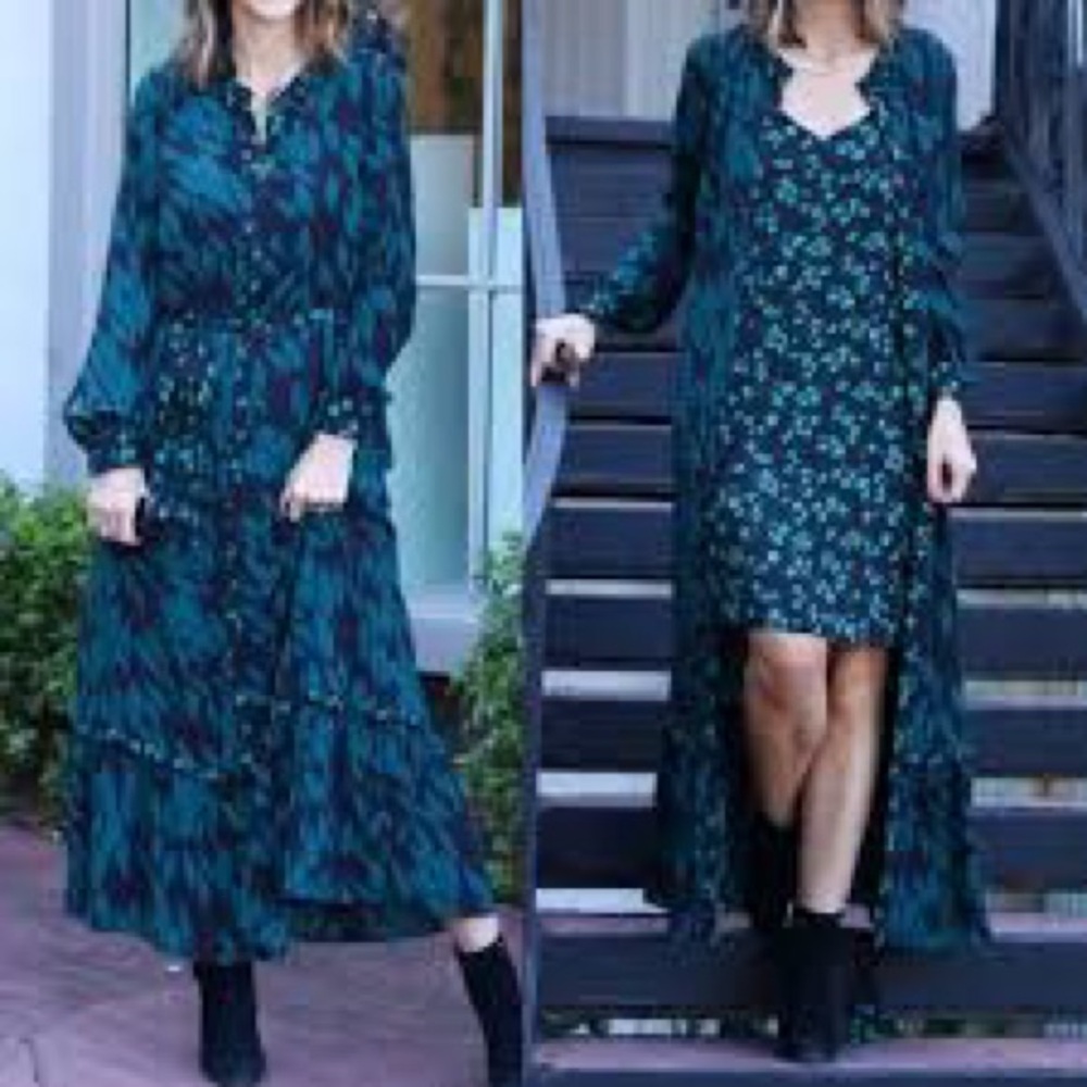 CAbi 4017 Green Autumn Leaf 2 Piece Dress Tie Belt LongSleeve Button Boho Medium